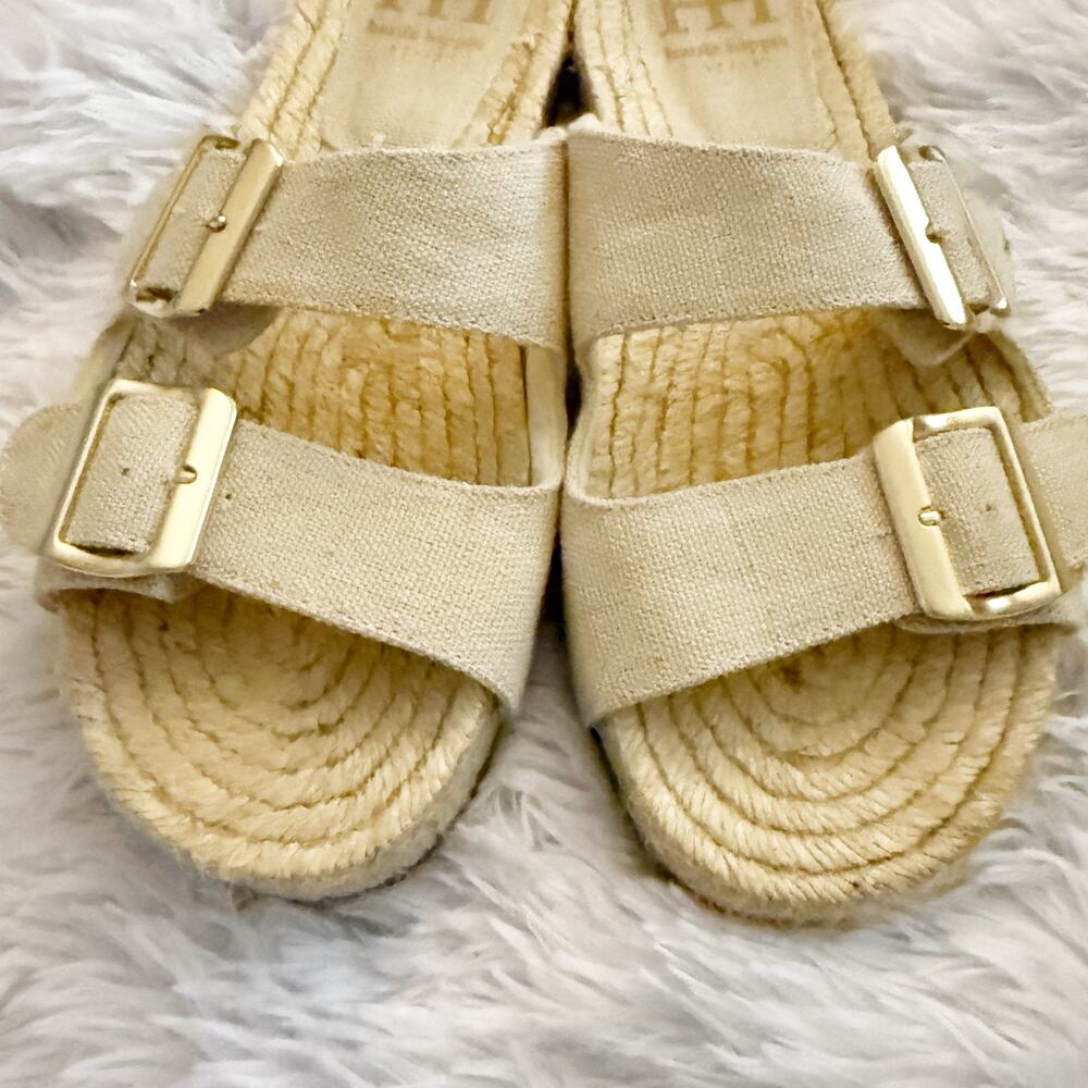 HAUTE HIPPIE | Beige Cream Linen Jute Sandals Gold Buckles Slide On | Size 7.5 - Picture 4 of 7